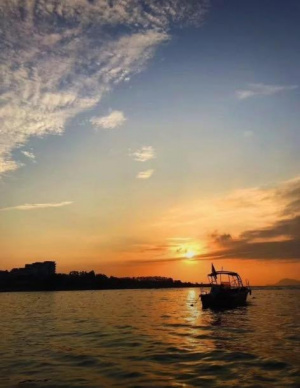 sky, vehicle, lake, boat, sunset