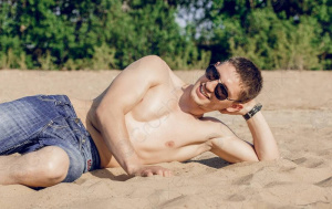 fun, jeans, denim, muscle, vacation, beach, sand