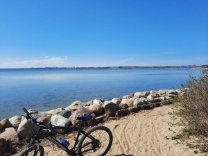 sky, vehicle, beach, lake, bicycle, wheel, cycling
