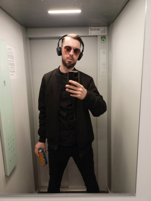jacket, outerwear, glasses, standing, beard