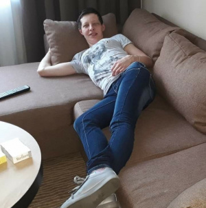jeans, sitting, room, couch