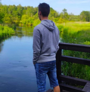 jeans, denim, leisure, standing, lake, bench