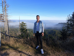jacket, outerwear, jeans, denim, sky, forest, mountain