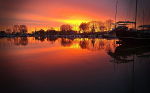 sky, vehicle, lake, boat, sunset, river